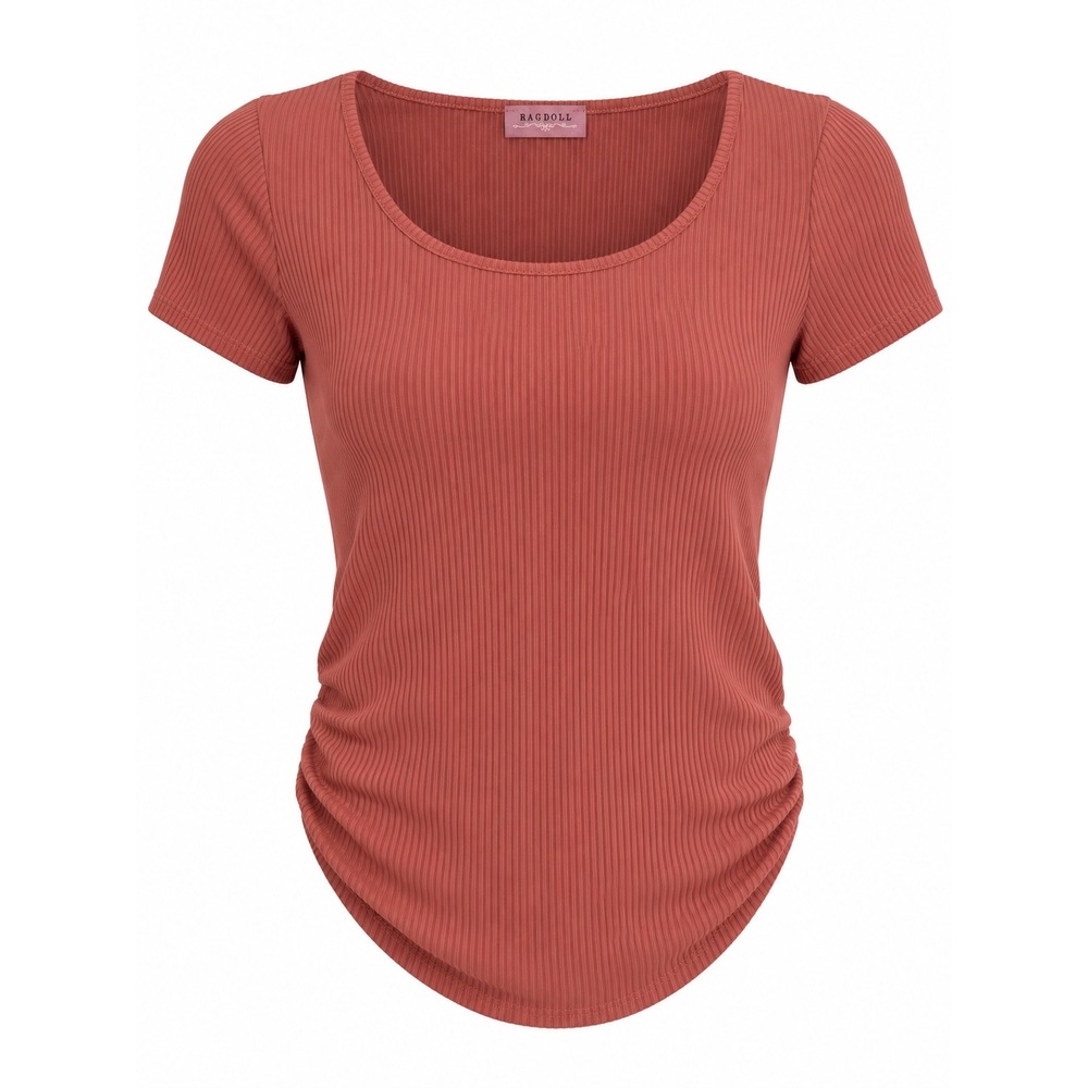 Ragdoll LA Ribbed Scoop Neck Ruched Short Sleeve Top Dusty Rose Small